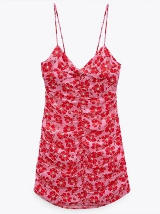 Zara Women's Pink Red Floral Twisted Bodice Mini Dress Spaghetti Strap M New - Picture 1 of 5